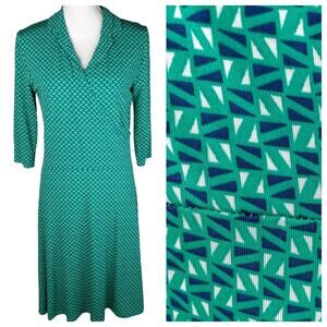 Leota Anchors Aweigh Faux Wrap Dress Geometric Nautical Print Blue Green L